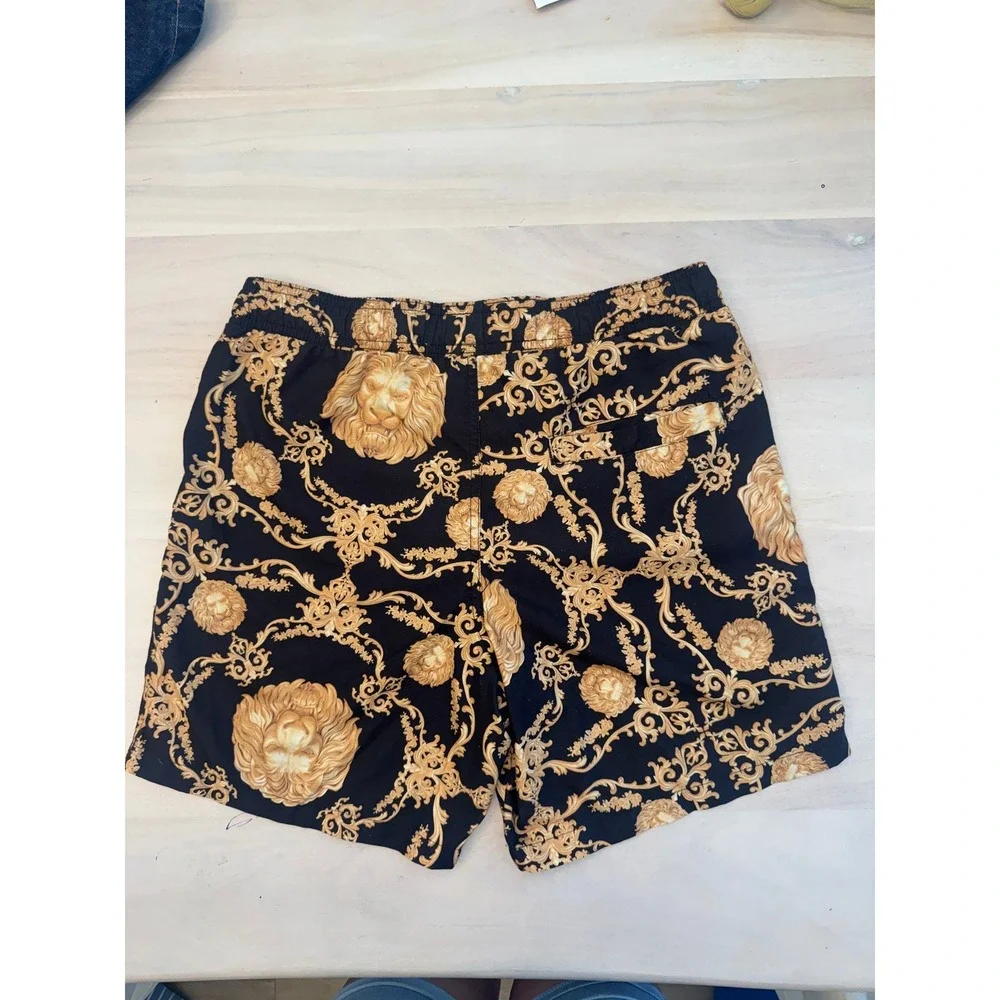 Surf Society Swim Trunks Mens M Black Gold Baroque Lion Print Mesh Lined Shorts